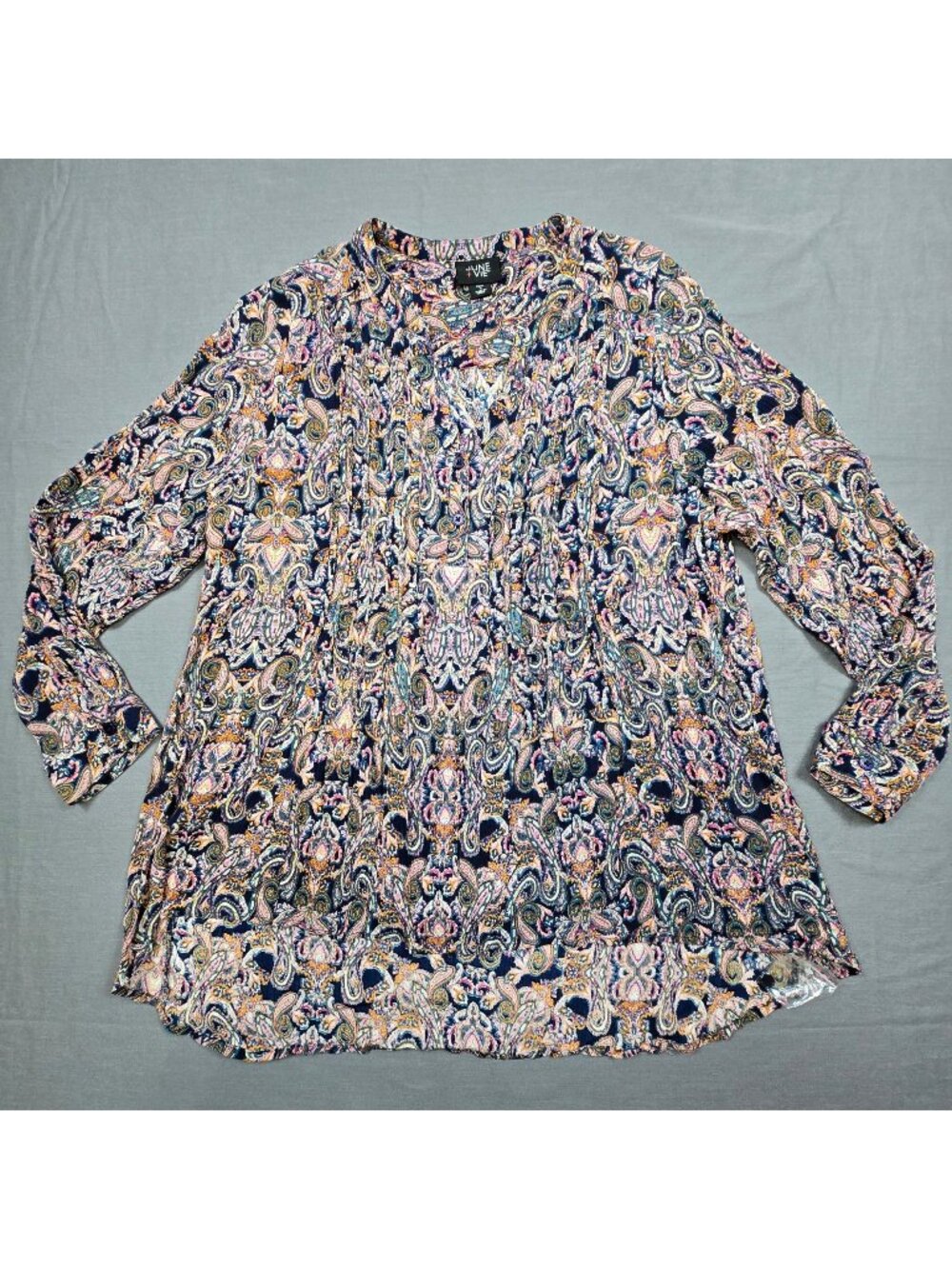 June + Vie Womens Blouse Size L 18/20 Paisley Boho Long Sleeve Peasant